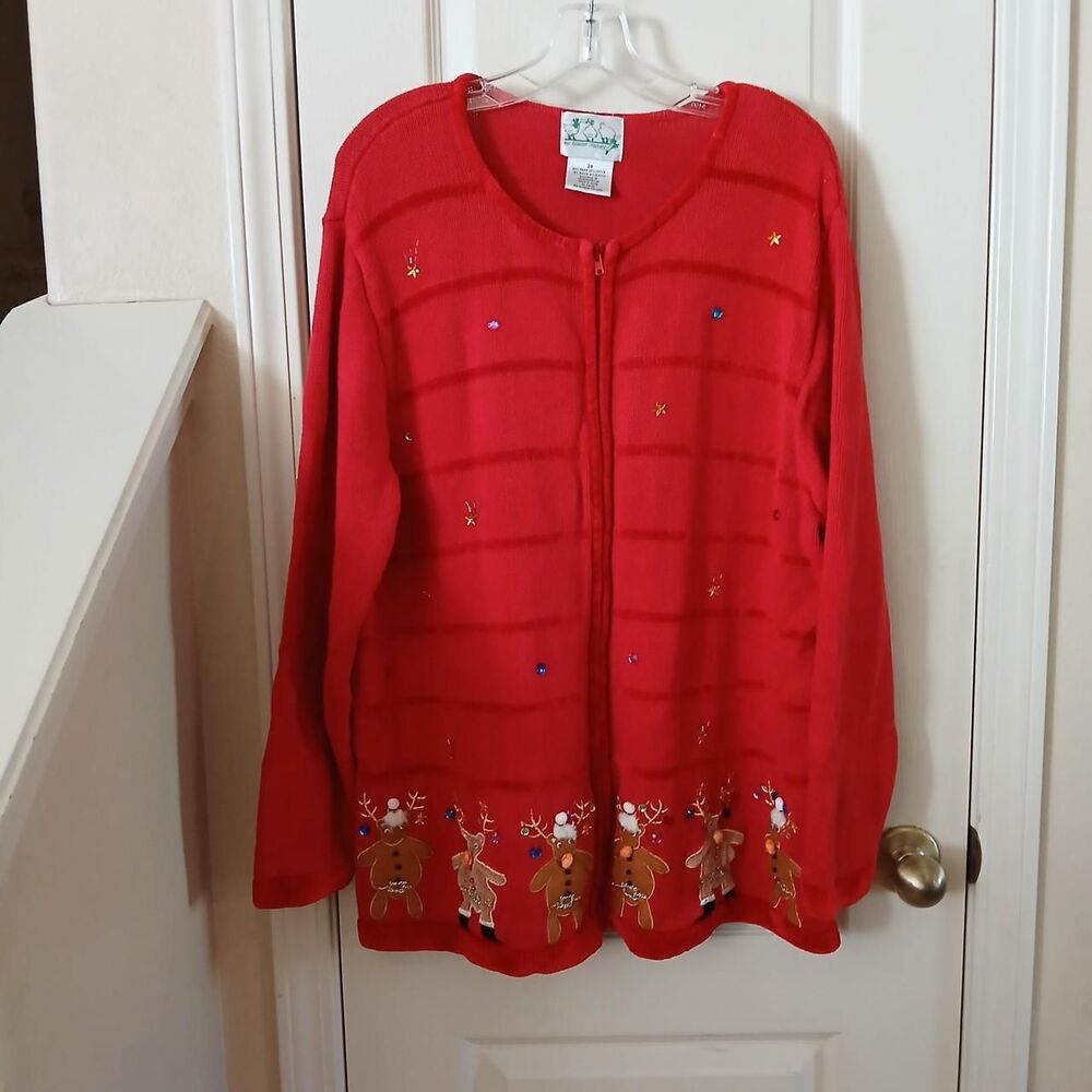 Vintage 90s Quacker Factory Red Bejeweled Reindeer Zip Up Christmas Cardigan 2X